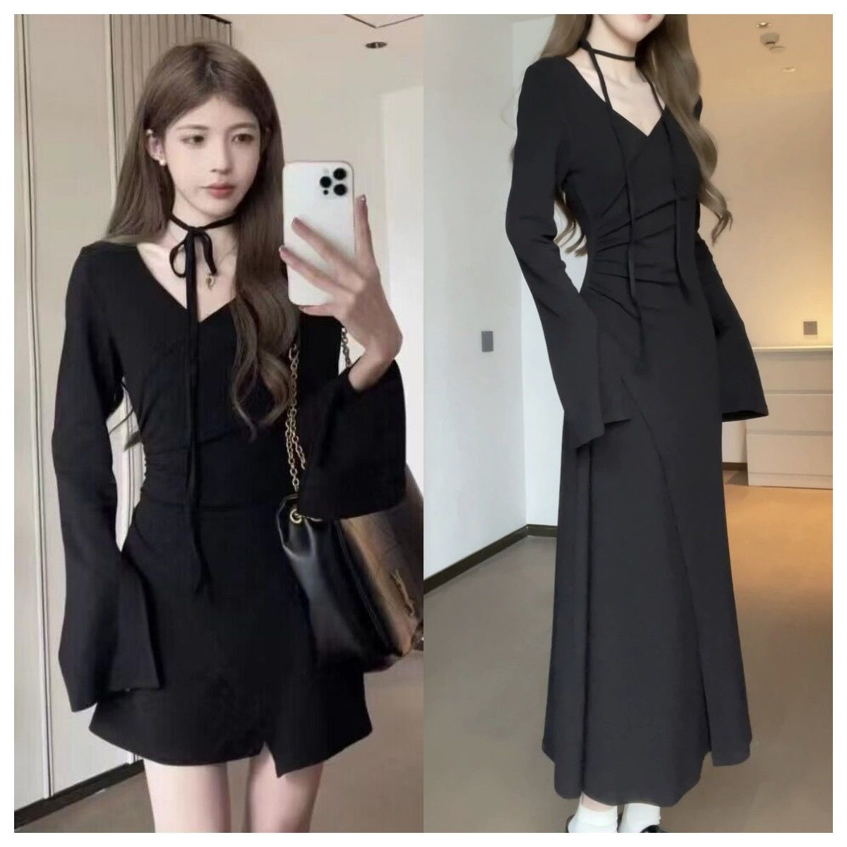 純欲風V領長袖連衣裙女秋季小個子收腰顯瘦褶皺不規則綁帶短裙子
