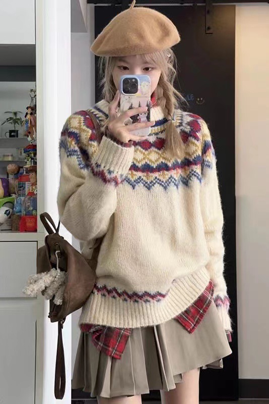 Korean style lazy style soft and waxy contrasting color retro sweater for women autumn and winter 2023 new loose pullover sweater jacket thick