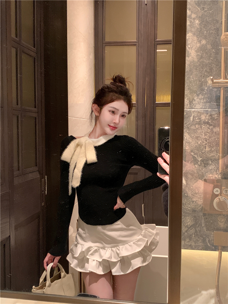 實拍秋冬季新年紅純欲甜美辣妹亮絲撞色性感針織上衣毛衣