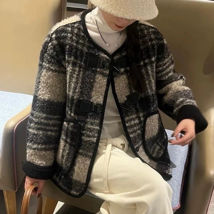 Xiaoxiangfeng Contrast Color Round Neck Plaid Wool Short Jacket Women's 2023 Autumn and Winter New Plus Velvet Thickened Lamb Wool Jacket