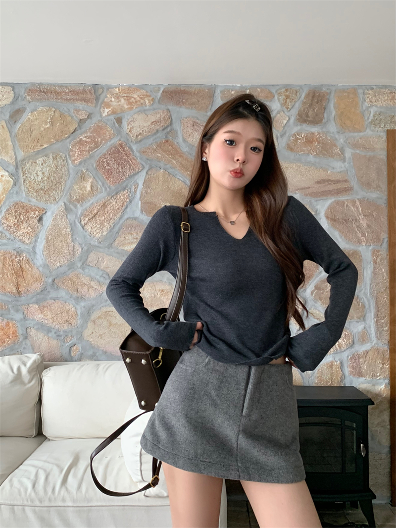 實拍 秋冬新款包芯紗長袖上衣針織衫打底衫內搭修身V領毛衣女