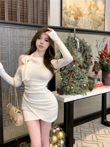 Real shot!  Pure Desire Bow Hollow Long Sleeve Dress Autumn and Winter Waist Slimming Hip Cover Skirt