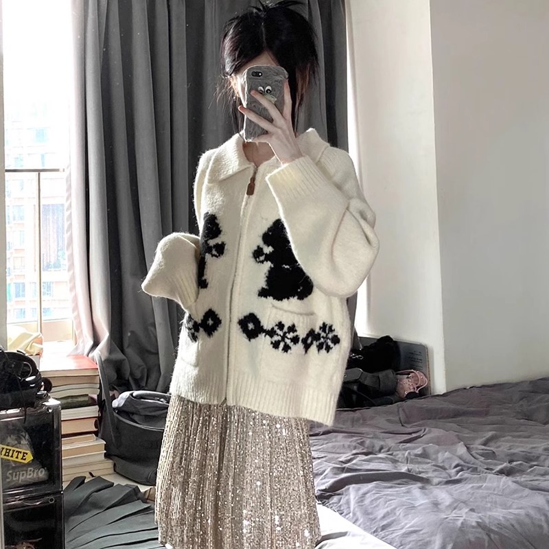 兔子提花翻領拉鏈毛衣外套女秋冬日系復古慵懶風撞色軟糯針織開衫
