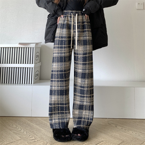 Real shot red plaid pants autumn and winter new high waist drape casual floor mopping retro plus velvet wide leg pants