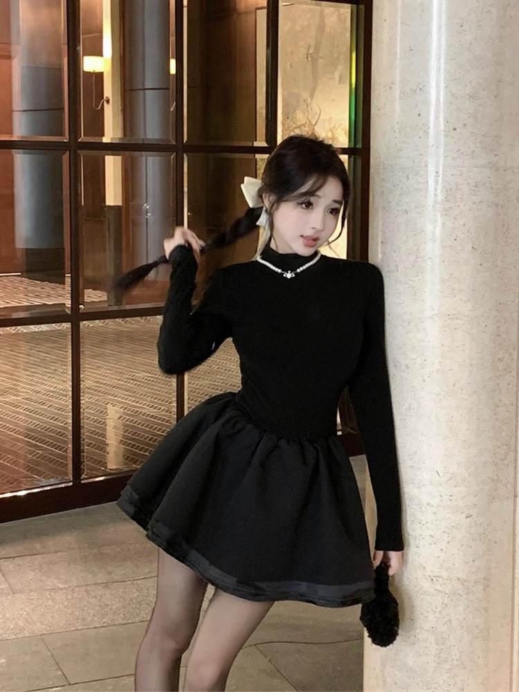 法式氣質半高領千金風連衣裙收腰顯瘦公主蓬蓬裙女2024新款秋冬季