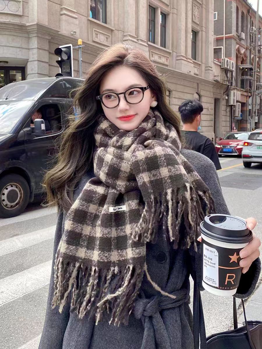 OVANCY復古格子圍巾女冬季韓版百搭仿羊絨氛圍感披肩新款保暖圍脖