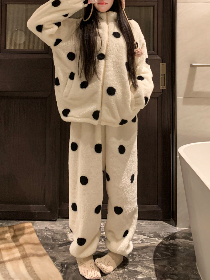 實拍 波點毛茸兩件套睡衣女冬季珊瑚絨居家服外套衛衣開衫