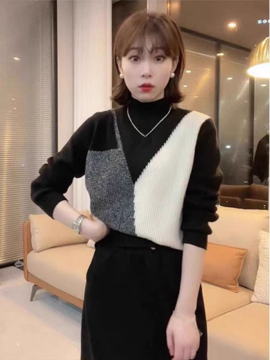 時尚簡約氣質優雅百搭長袖羊絨衫設計感撞色拼接假兩件羊絨衫毛衣