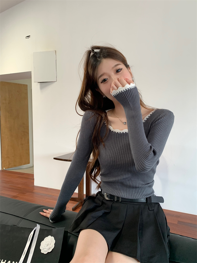 實拍 早秋新款設計感撞色花邊純欲修身內搭針織打底衫上衣女