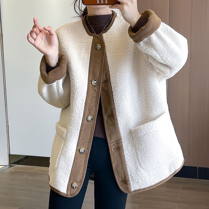 羊羔毛外套女新款2023秋冬短款名媛復古高級感加厚棒球服上衣