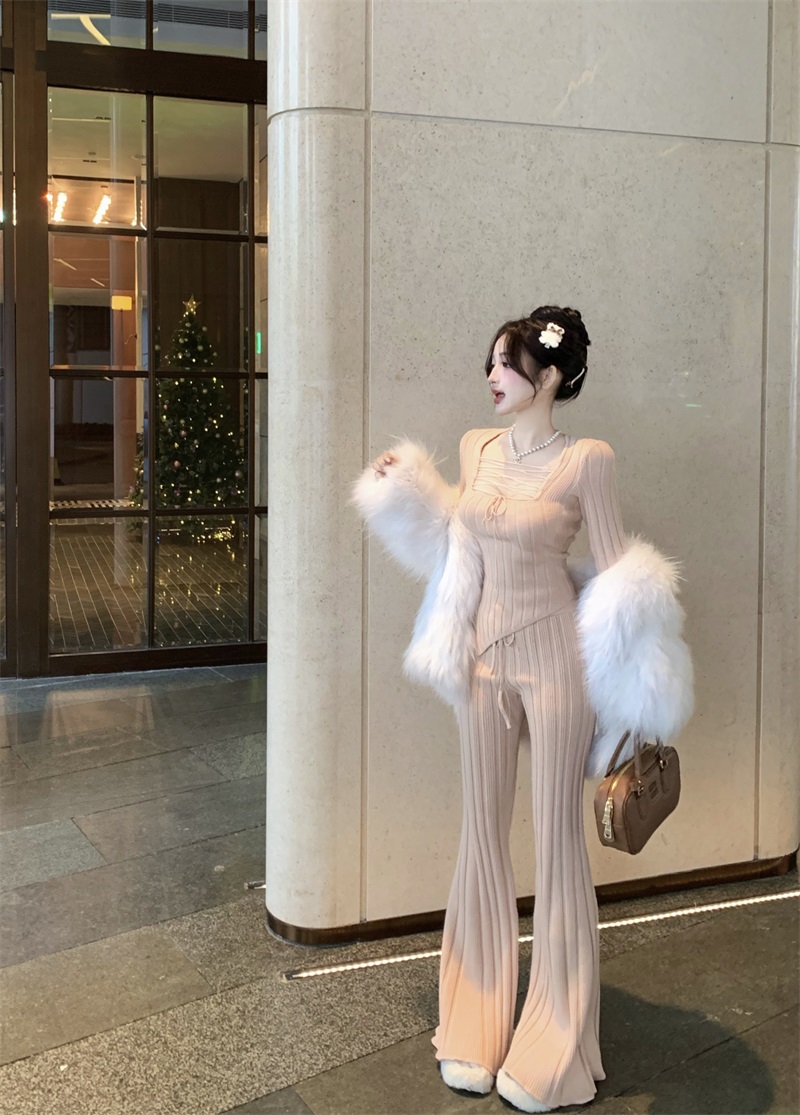 實拍漫不經心 女神比例懶人秋冬內搭套裝微喇拖地褲兩件套