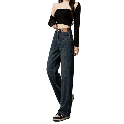 Actual shot of regular style four seasons cover-crotch slimming personalized leather brand design high-waisted wide-leg straight pants versatile floor mopping pants