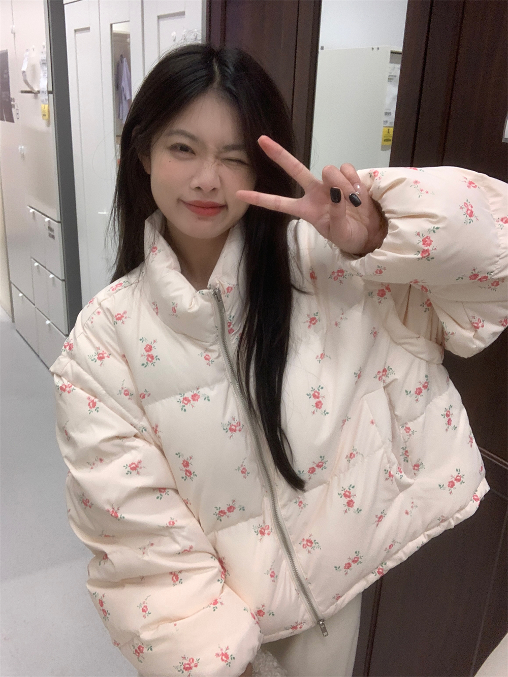 實拍冬季韓系田園小碎花短款麵包服減齡立領棉服外套女