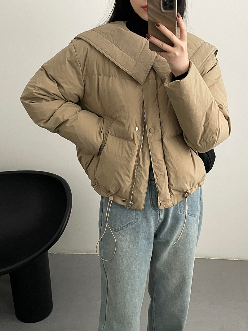 實拍~韓系設計感娃娃領羽絨服女海軍領減齡小個子白鴨絨外套