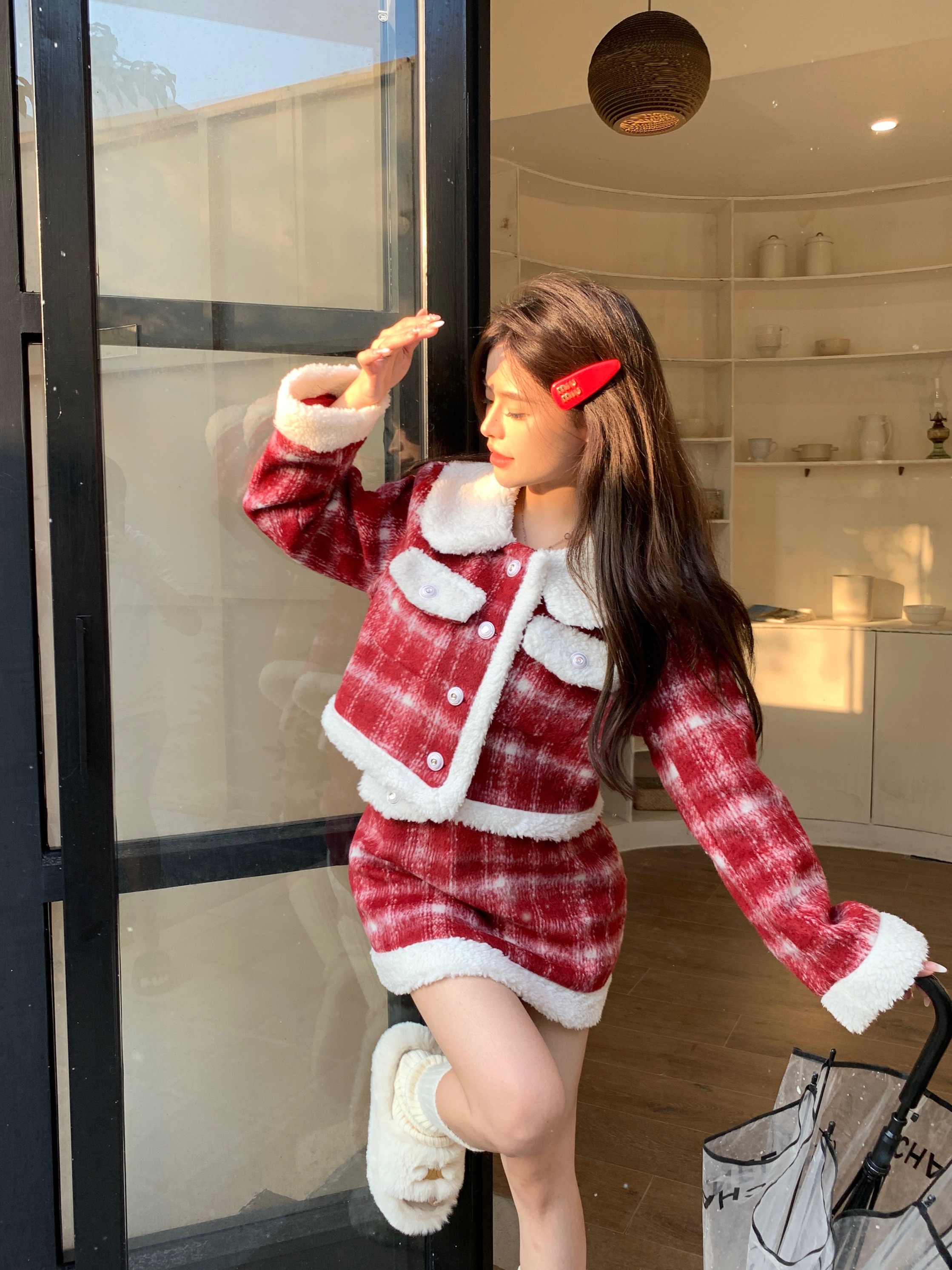 實拍  聖誕節過年套裝女秋冬加厚小香風格子外套＋半身裙短裙