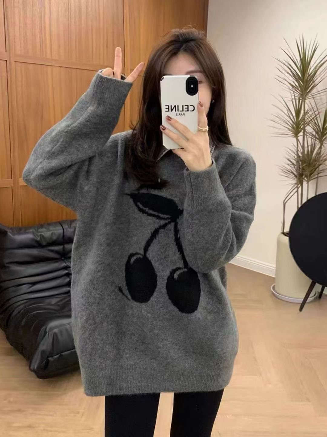 櫻桃毛衣女慵懶風加厚秋冬季設計感寬鬆套頭打底鯊魚褲套裝兩件套