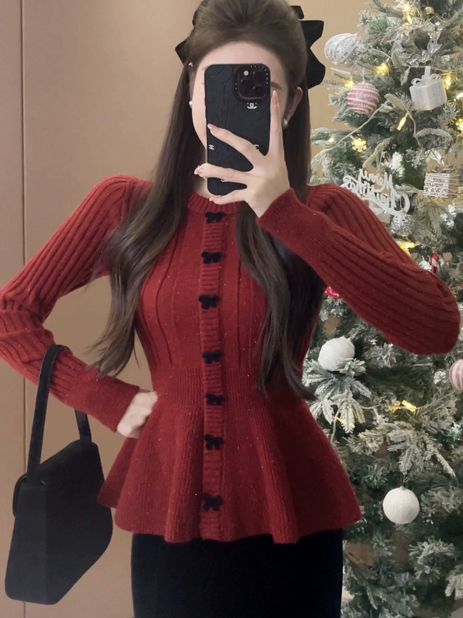 聖誕新年紅小裙擺針織衫女秋冬長袖針織顯瘦氣質亮閃修身針織衫女