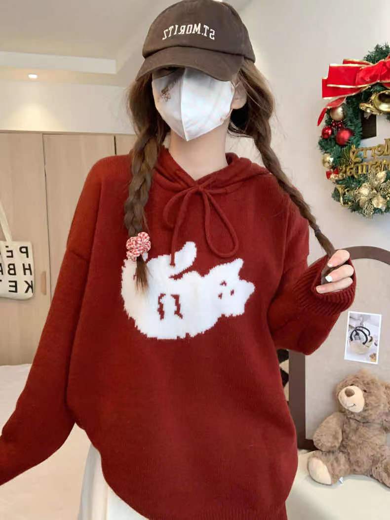 日系復古卡通貓咪提花連帽毛衣女秋冬寬鬆慵懶風軟糯針織衫上衣潮