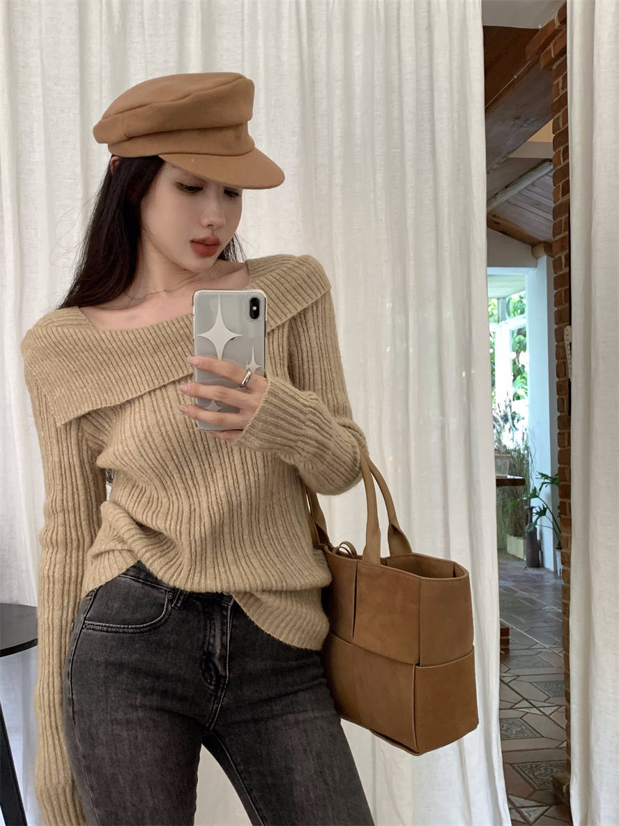 Real shot of autumn design lapel one-shoulder slim versatile wool sweater for women knitted sweater