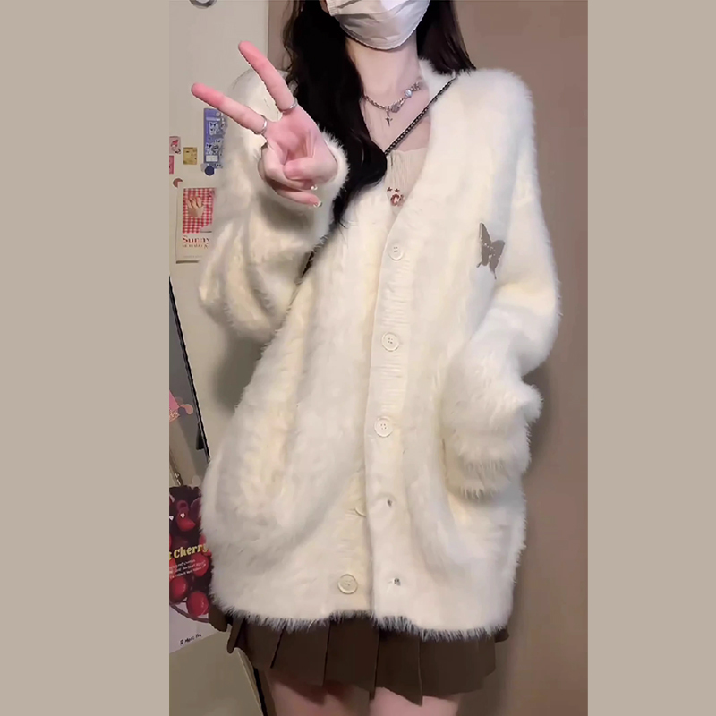 軟糯慵懶風仿馬海毛開衫2023新款韓版寬鬆白色v領毛衣外套女秋冬