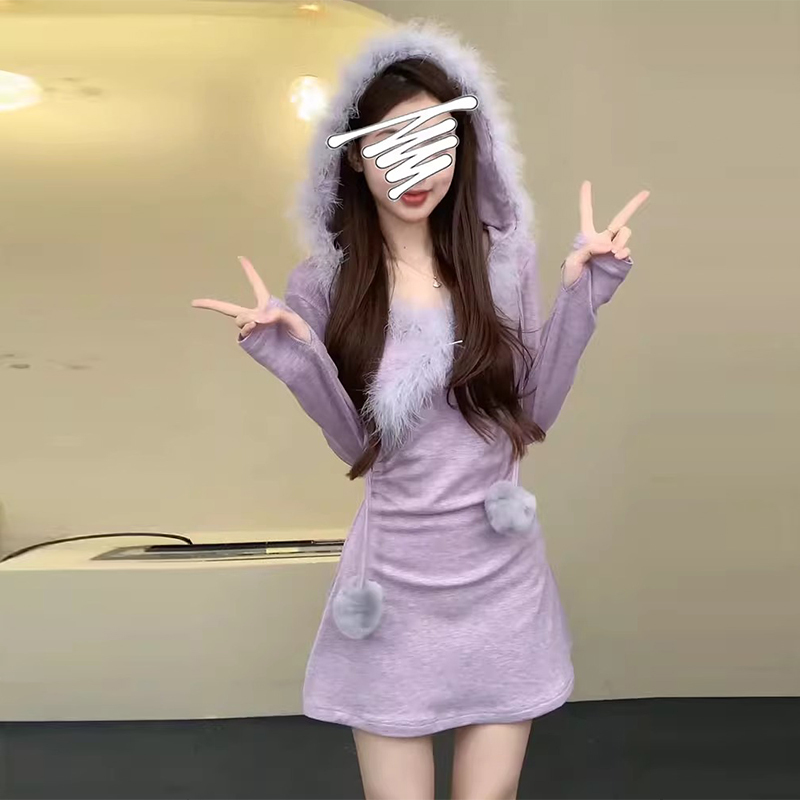 純欲風聖誕連帽毛衣針織連衣裙女秋冬2023新款小個子掐腰包臀短裙