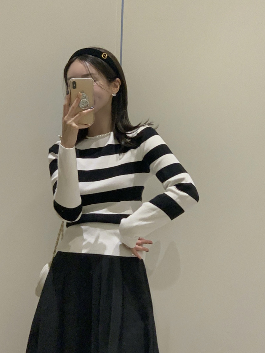 尺碼更新韓國chic韓版復古長袖條紋針織衫女修身顯瘦上衣