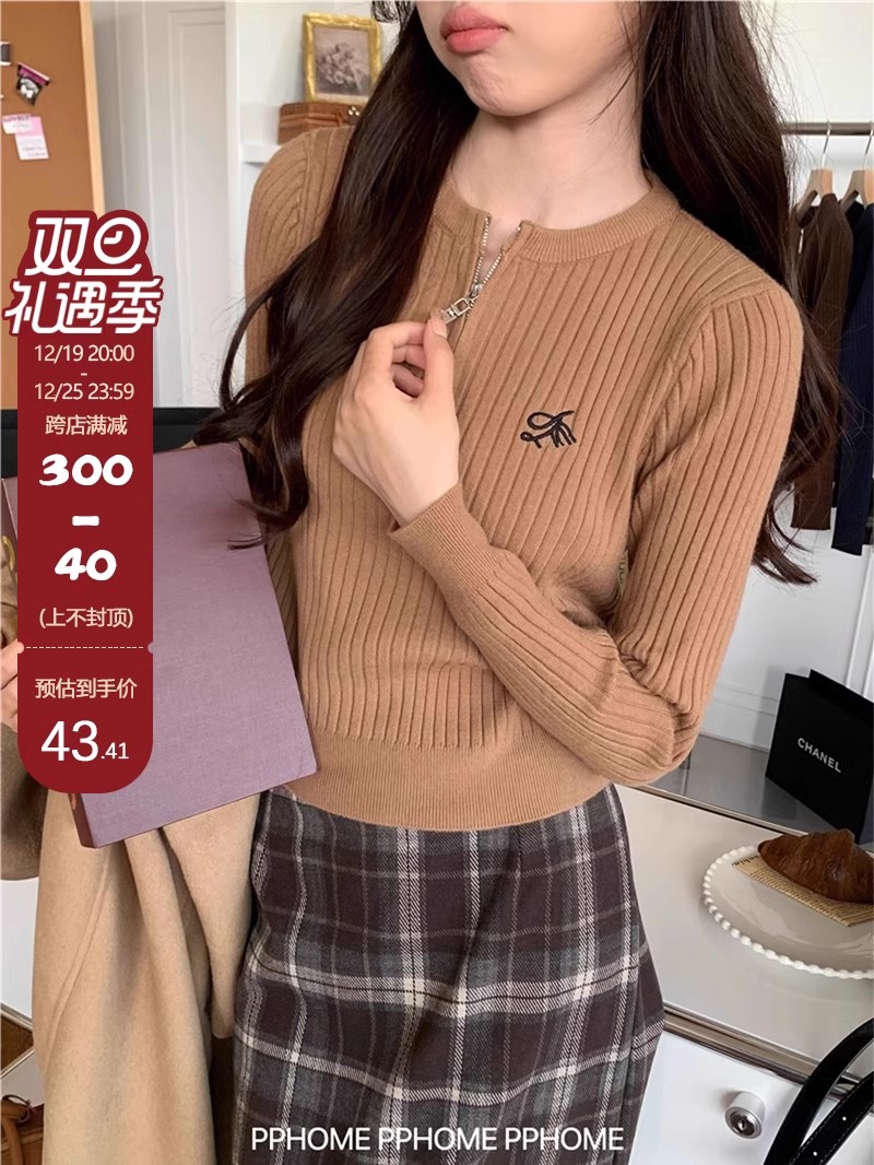 PPHOME homemade ~ Kochi senior retro zipper round neck long-sleeved sweater with slim knitted top for women