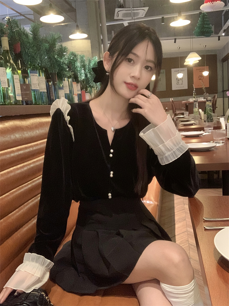實拍 V領單排扣長袖荷葉邊甜美襯衫氣質韓系時尚設計感小眾上衣