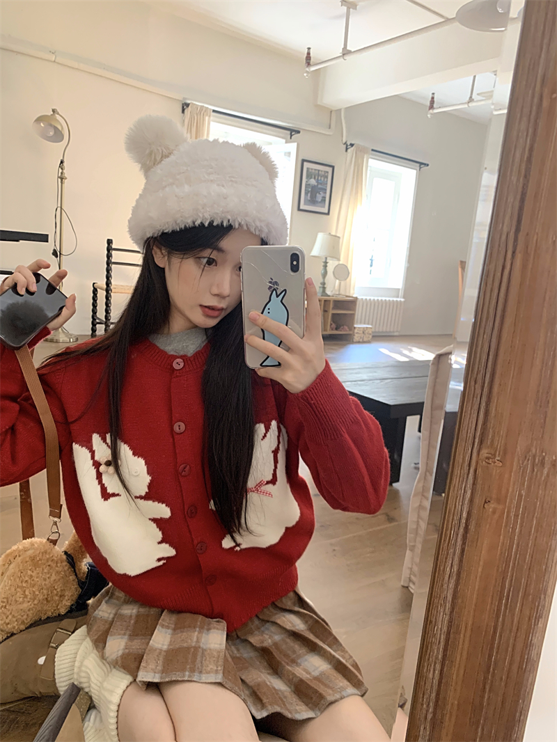 實拍   韓系甜美減齡可愛提花兔子蝴蝶結針織開衫毛衣