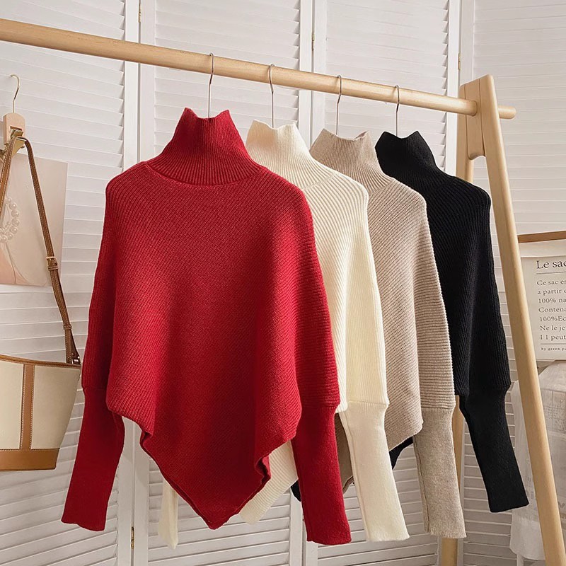 2023 Irregular turtleneck red sweater for women autumn and winter new Korean style slim solid color long-sleeved knitted top trendy