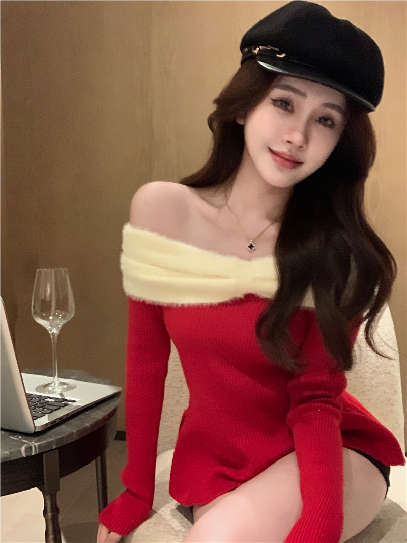 Real shot of French New Year red bow one-shoulder sweater with ruffled edge knitted sweater top