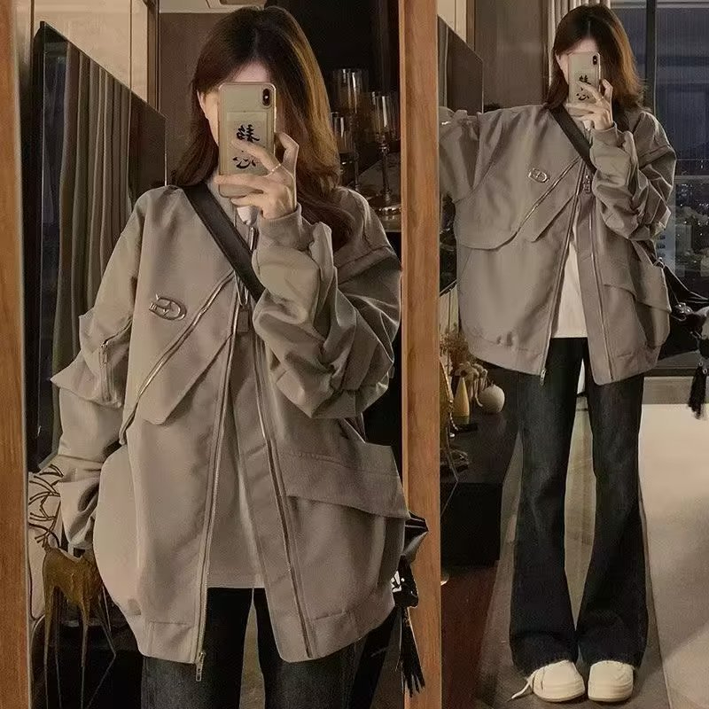 Hong Kong style retro trendy iron label high-end jacket for women autumn and winter 2023 new jacket loose workwear couple tops
