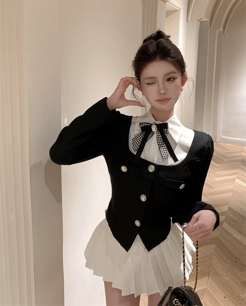 實拍 秋季法式小香風假兩件黑色修身顯瘦短款氣質外套上衣女