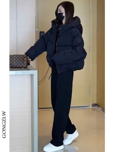 Gentle wind winter suit, high-end Korean version, thickened fashionable short bread coat, cotton coat, straight slim casual pants