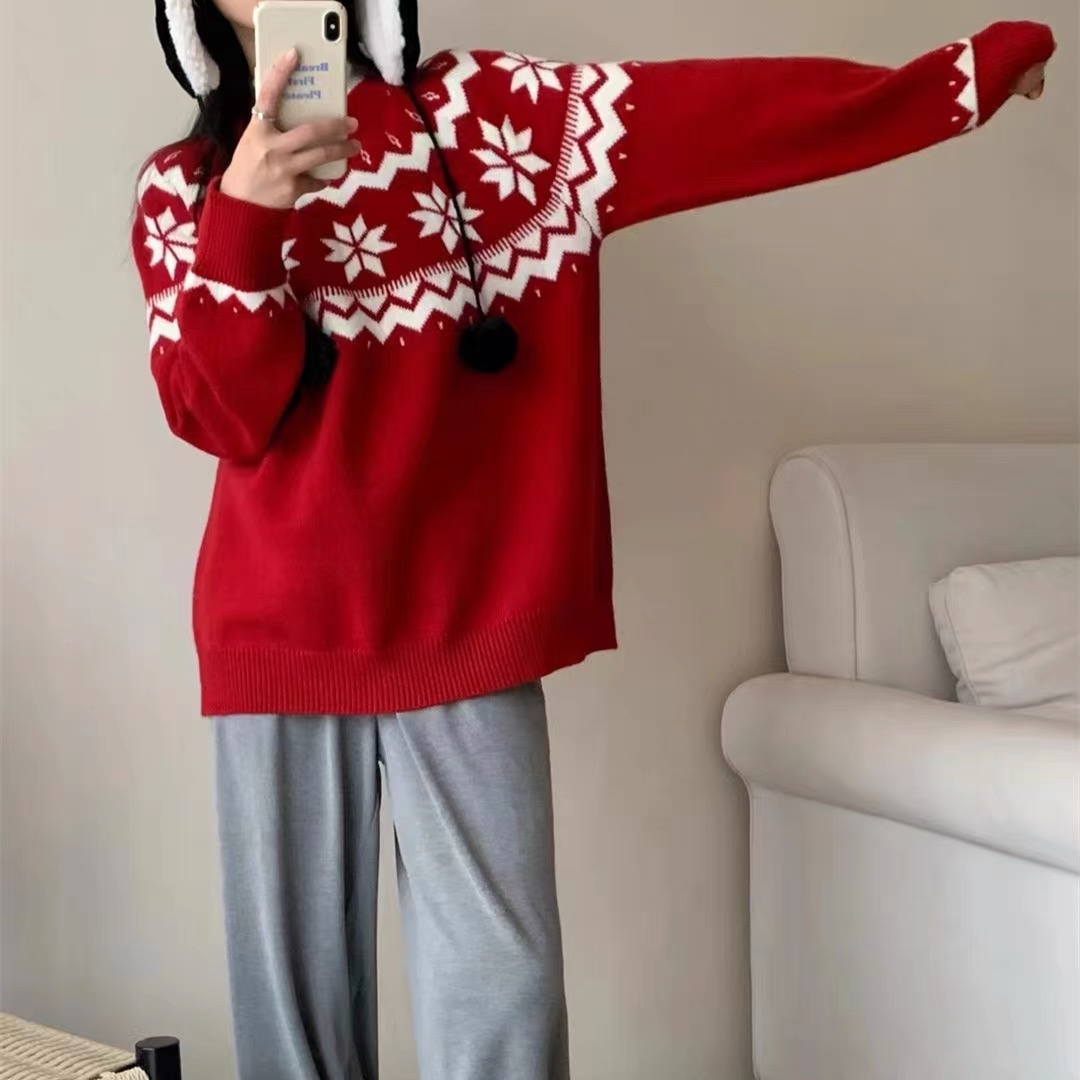 秋冬季軟糯慵懶風寬鬆復古毛衣女聖誕氛圍感雪花洋氣外穿針織上衣