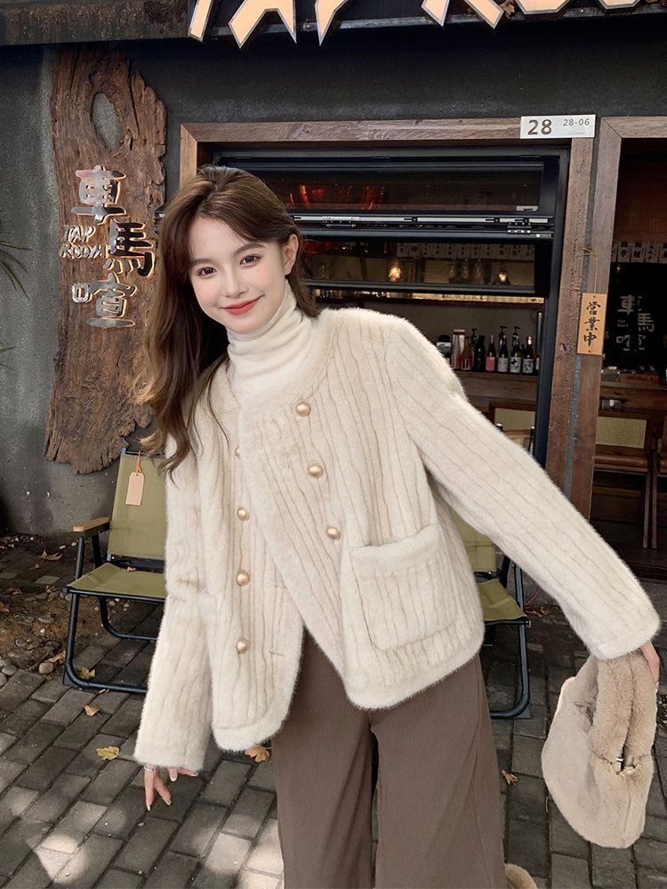 2023 autumn and winter French style thickened imitation mink fur one-piece striped fur eco-friendly fur women's jacket