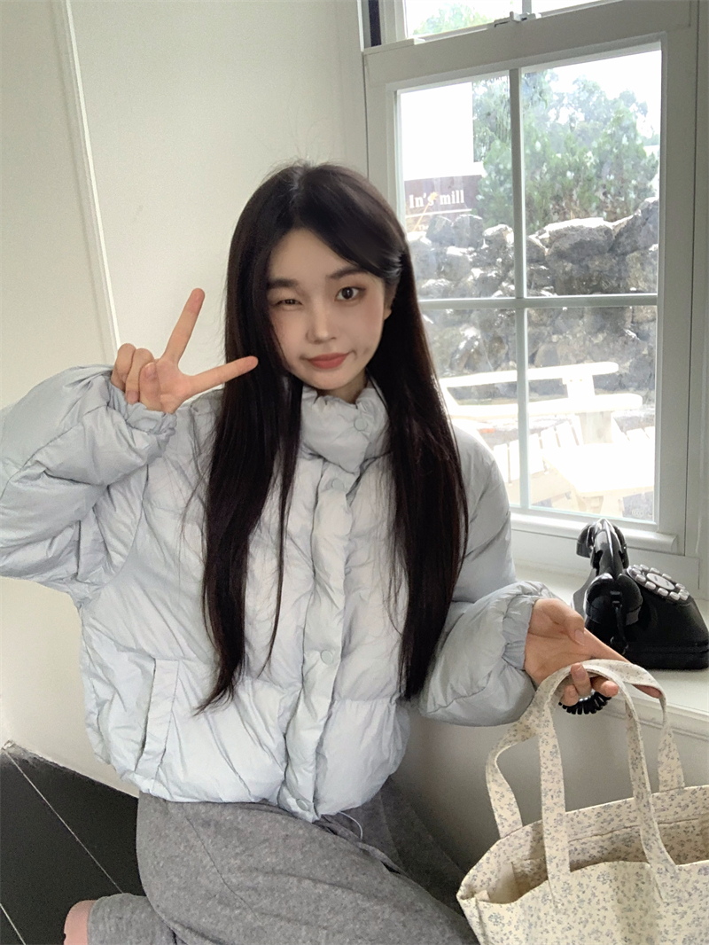 Real shot Stand collar solid color zipper short down jacket cotton jacket