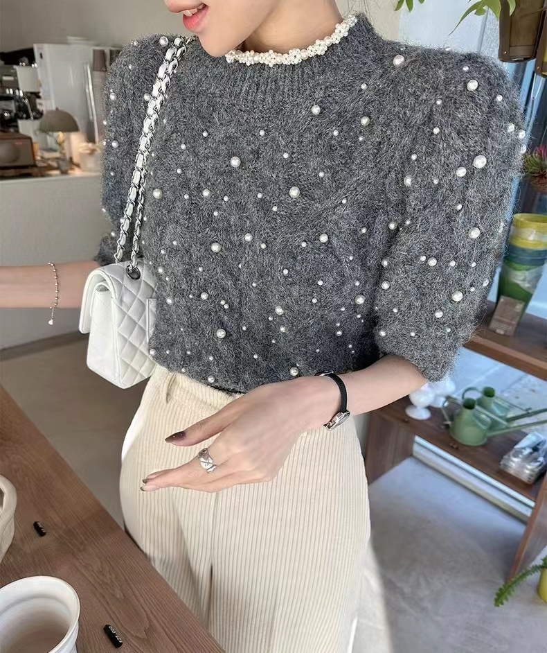 2024春季加厚直筒釘珠短袖毛衣女T恤