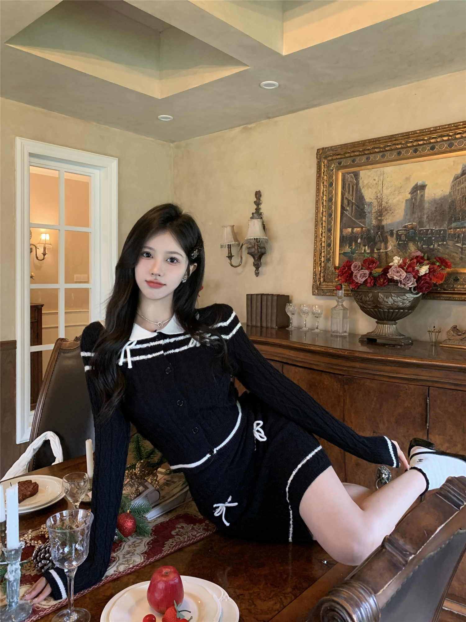 Actual shot ~ new autumn and winter knitted sweater suit for women, sweet girly style knitted cardigan hip skirt