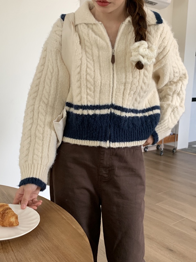 2023 Autumn and Winter New Retro Color Block Twist Lapel Zipper Warm Knitted Sweater Tops for Women