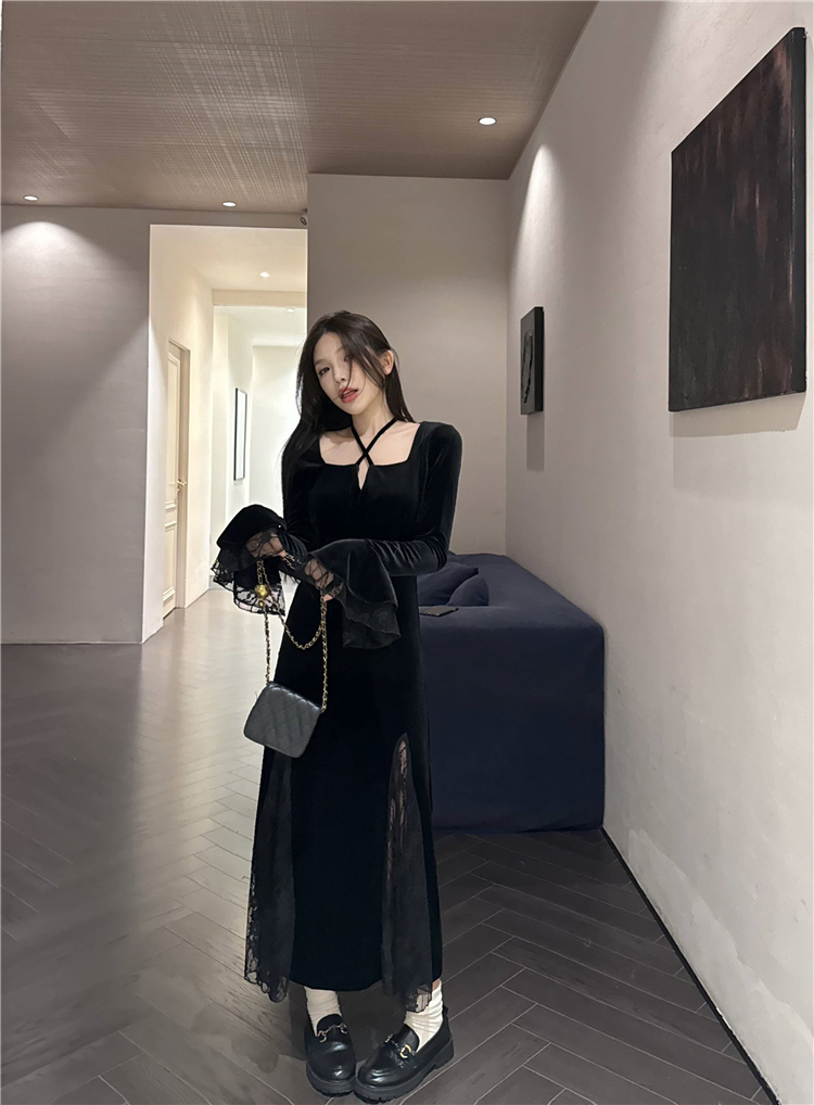 實拍~開叉蕾絲裙高級黑色掛脖絲絨連衣裙女