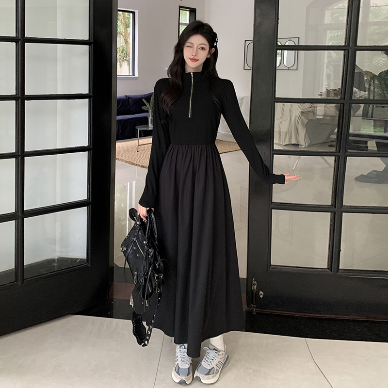 實拍~chic設計感針織拼接連衣裙春季2024新款收腰氣質長袖大擺裙