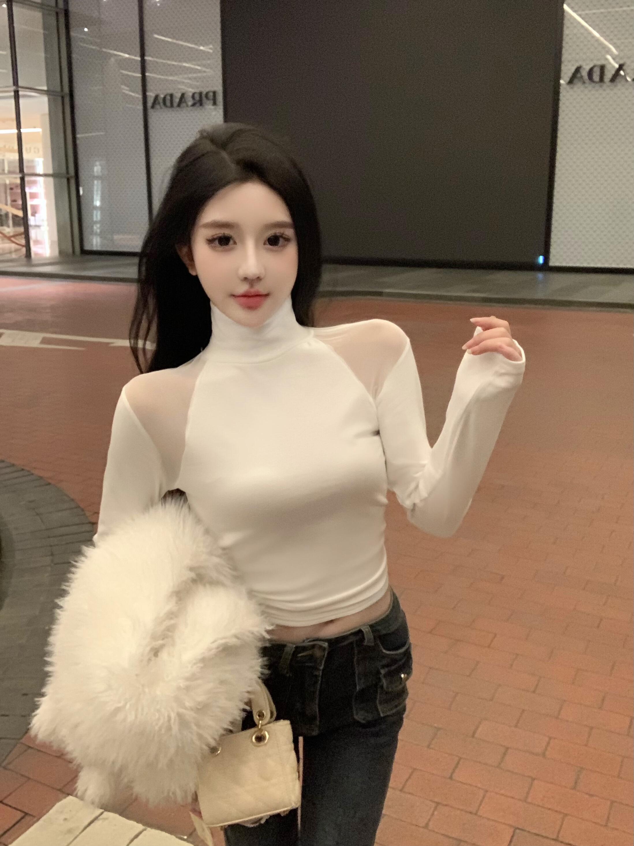 Real shot of autumn and winter American retro black and white sexy see-through mesh stitching high collar with velvet bottoming shirt