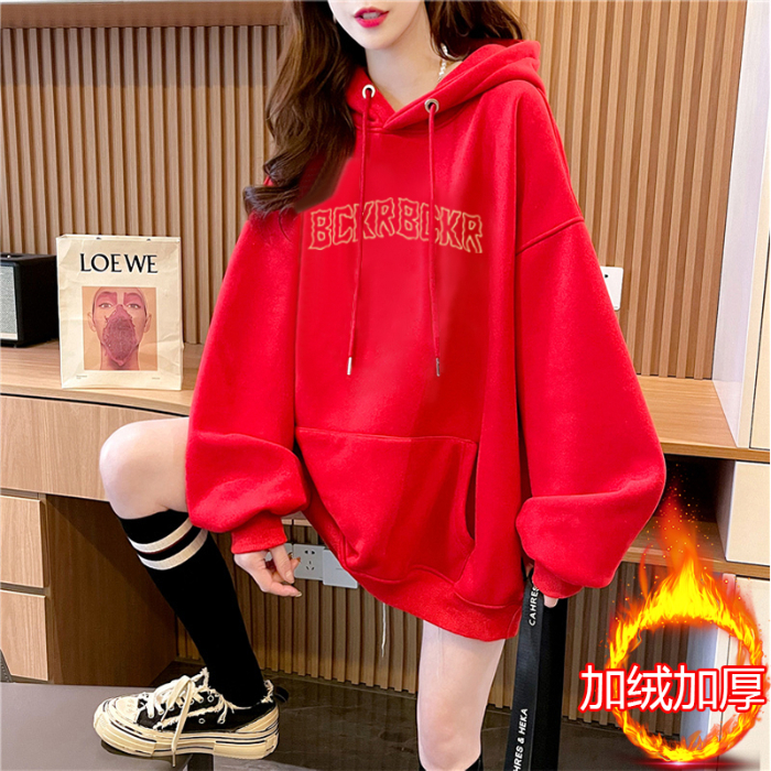 網圖 秋冬韓版寬鬆複合300克銀狐絨400克紅色拜年服加絨衛衣女