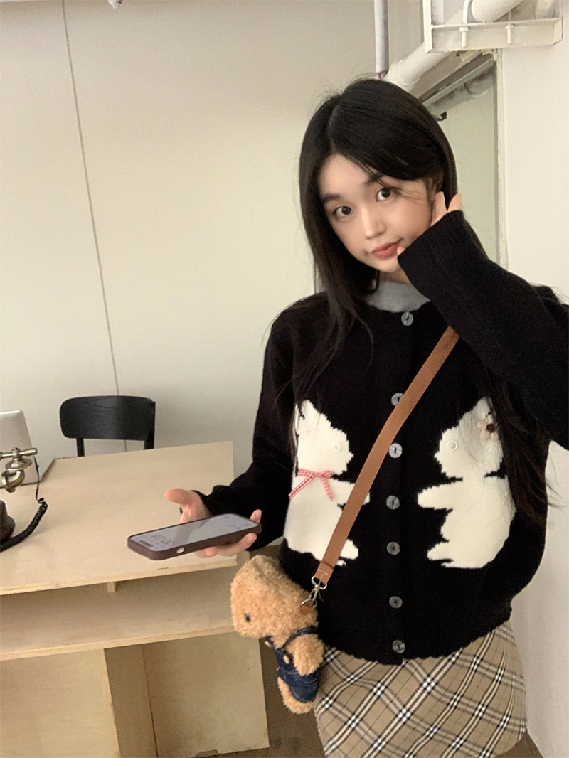 實拍   甜美減齡可愛提花兔子蝴蝶結針織開衫毛衣
