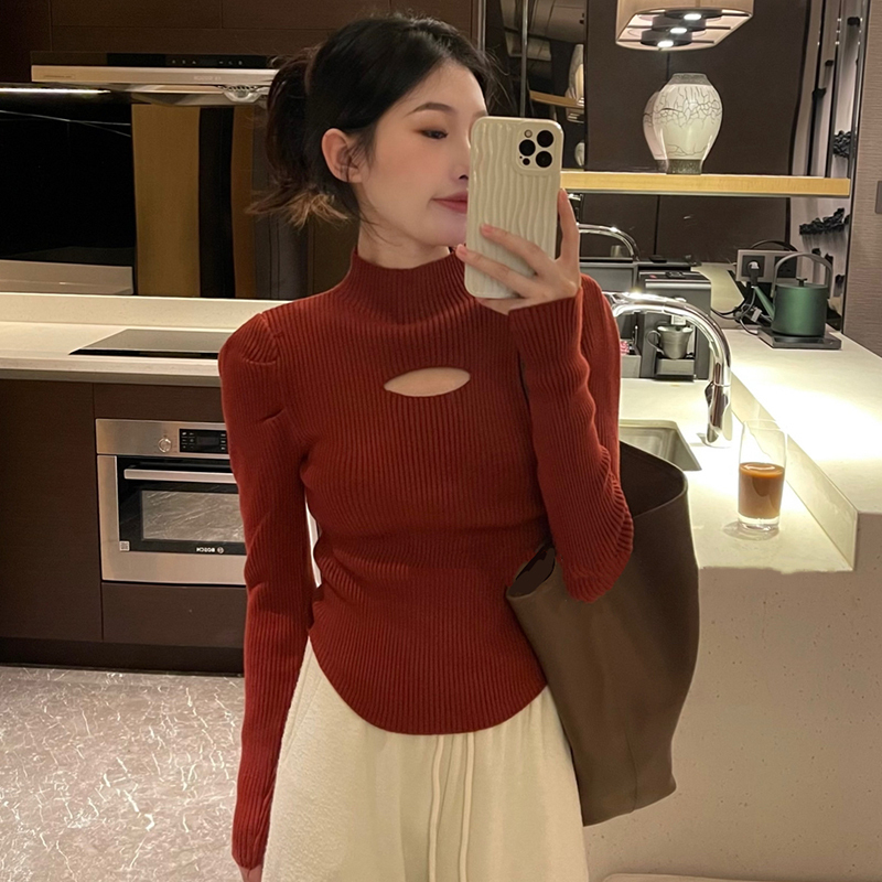 秋冬洋氣鏤空上衣女設計感小心機半高領毛衣針織衫中領內搭打底衫