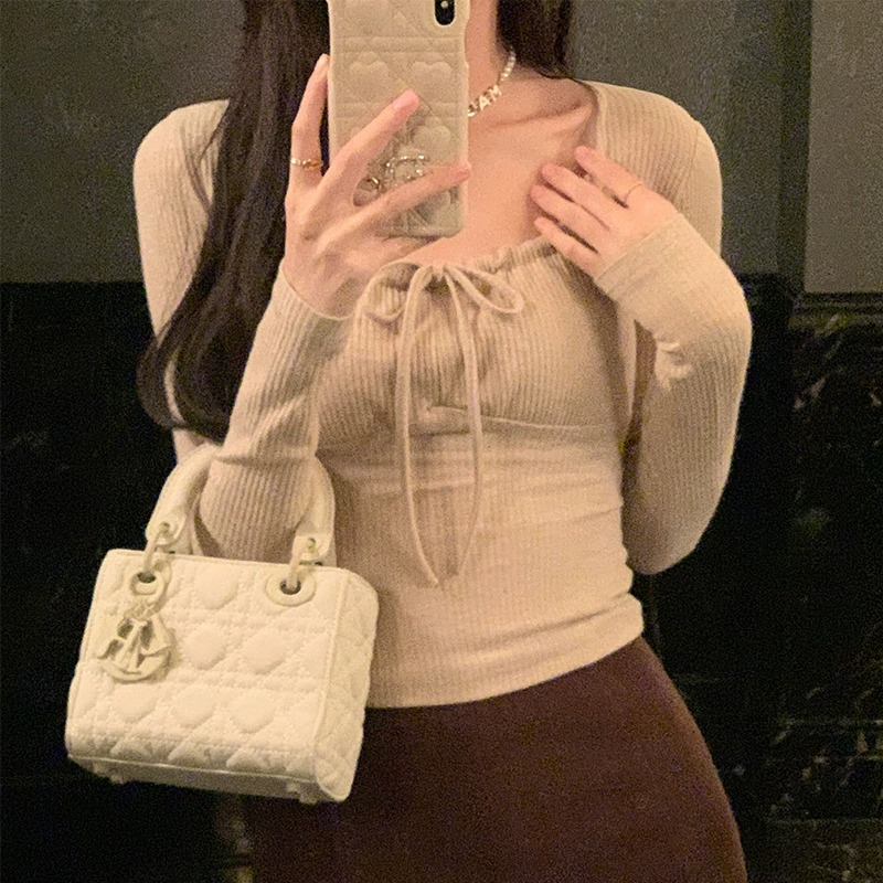 Pure Desire Lace-up Square Neck Sexy Slim Bottoming Shirt Pink Long Sleeve T-Shirt Top Women's Slim Niche Spring Inner Style