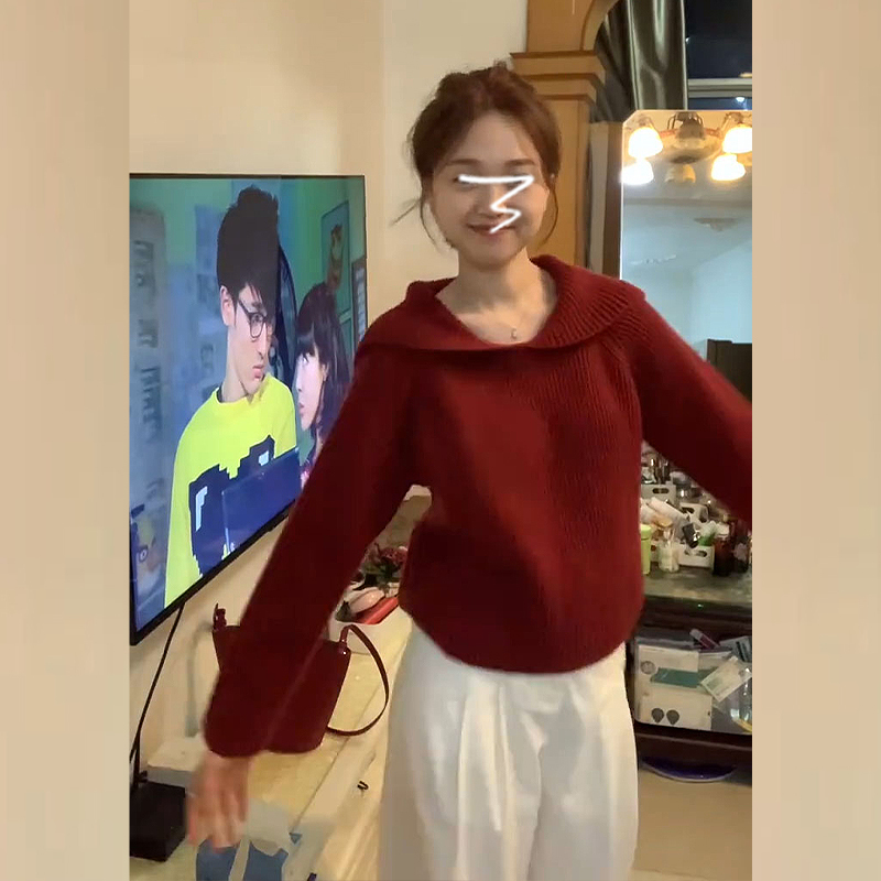 翻領紅色毛衣內搭女2023秋冬新款高級感慵懶風減齡套頭針織打底衫