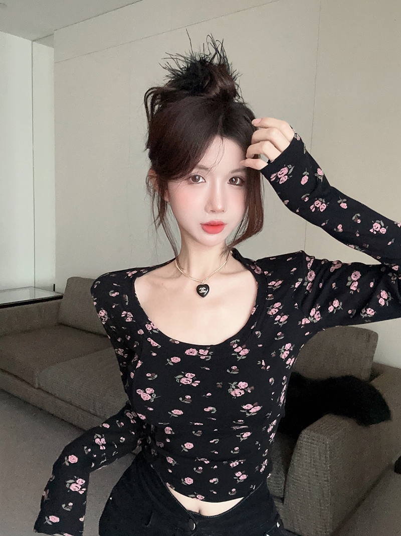 實拍辣妹U領露背撞色碎花T恤女純欲設計感氣質顯瘦百搭長袖打底衫