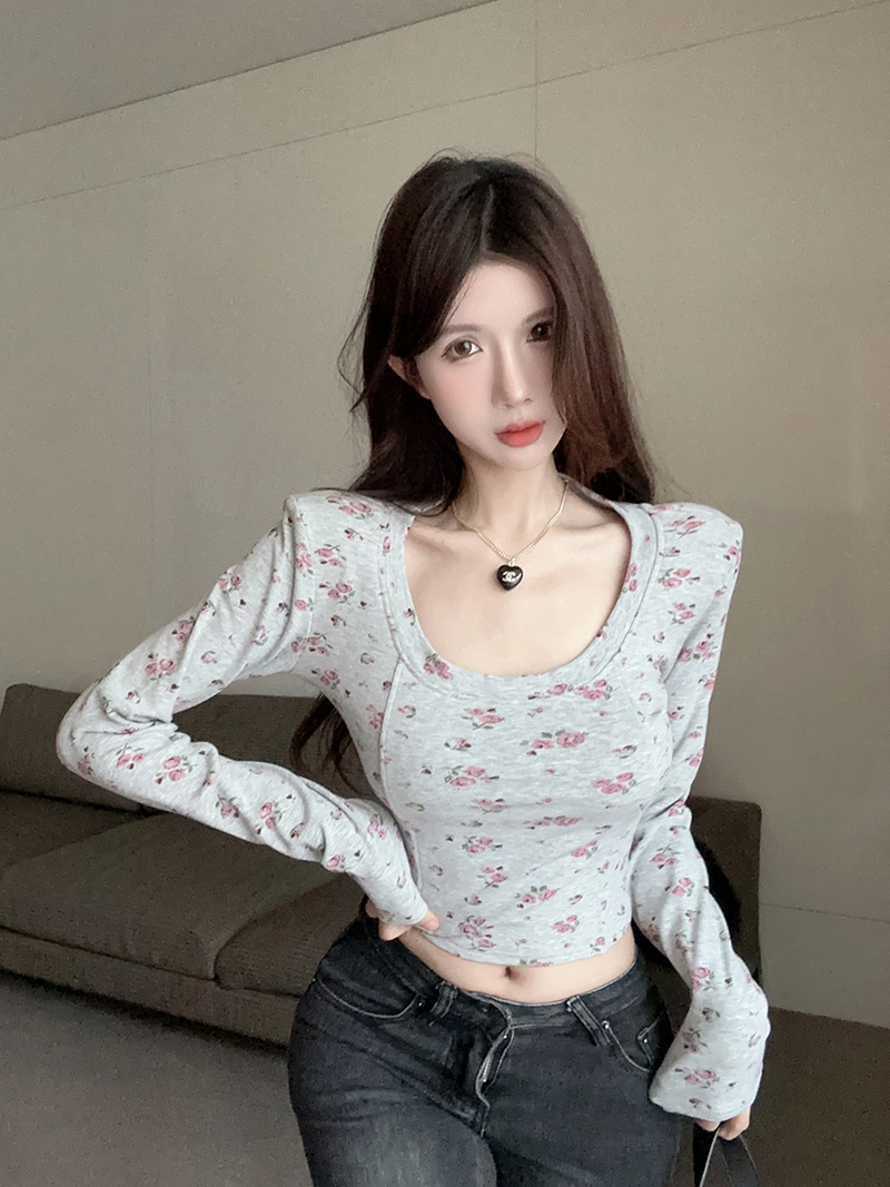 實拍辣妹U領露背撞色碎花T恤女純欲設計感氣質顯瘦百搭長袖打底衫